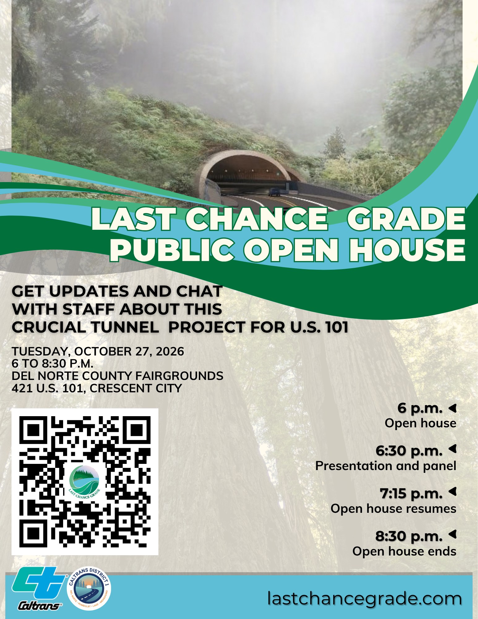 Caltrans flyer for the Last Chance Grade public open house, Tuesday, Oct. 27, at the Del Norte County Fairgrounds.