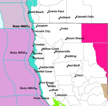 The beach hazards statement covers the coastline shaded in turquoise, from Del Norte County south to Mendocino County.